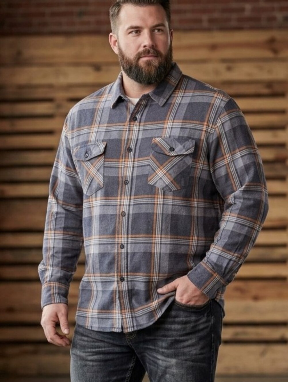 Valor Plaid Button Down Shirt Gray and Orange Size XXL